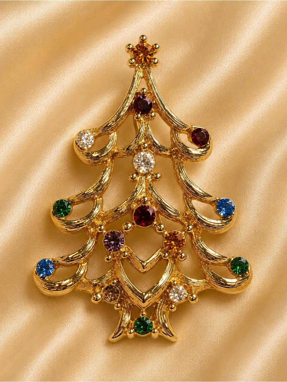 Vintage MONET Christmas Tree Brooch Multicolor Rhinestone Gold Tone Holiday Pin